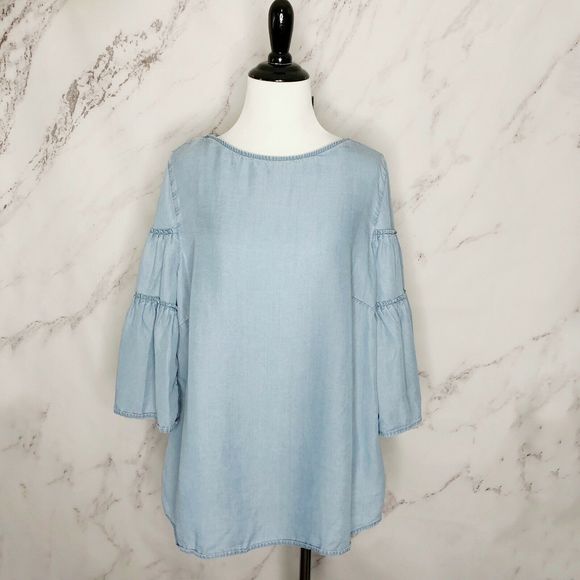 J. Jill Chambray Blue Tiered Bell Sleeve Blouse - Picture 1 of 6